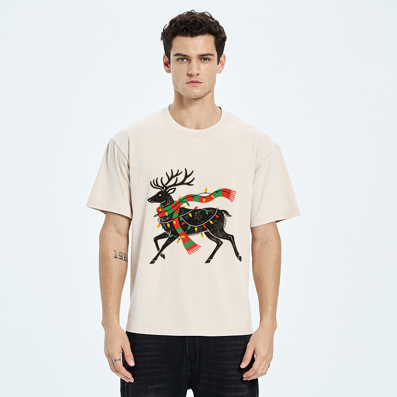 Tokyo-Tiger Christmas Light Reindeer Washed T-Shirt