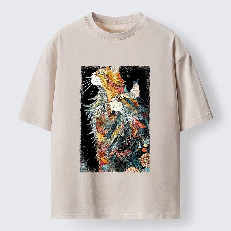 Tokyo‑Tiger Bohemian Cat Pair Washed T‑shirt
