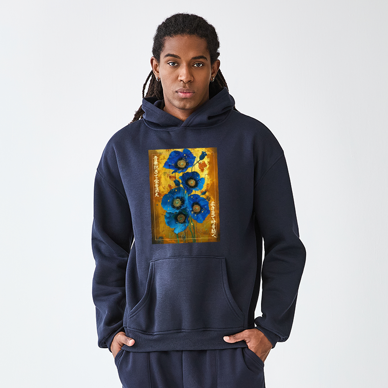Tokyo-Tiger Shiny Blue Flower Warm Golden Background Adult Fleece Hoodie