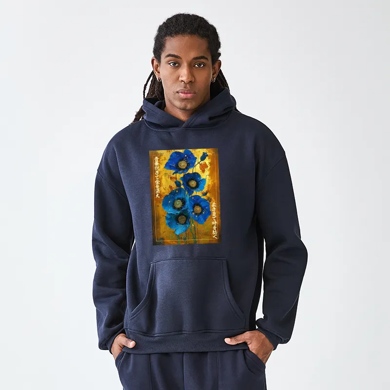 Tokyo-Tiger Shiny Blue Flower Warm Golden Background Adult Fleece Hoodie