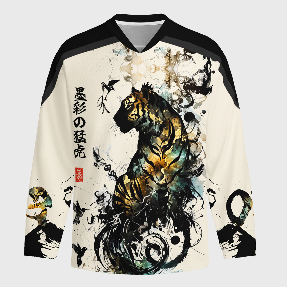 Tokyo-Tiger Golden Tiger And Soaring Birds Long-Sleeve Hockey Jersey