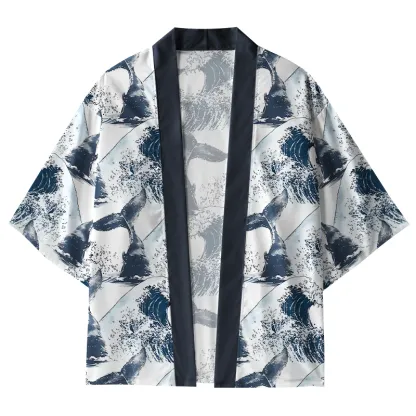 Tokyo-Tiger Whale Tail Wave Art Kimono Cardigan