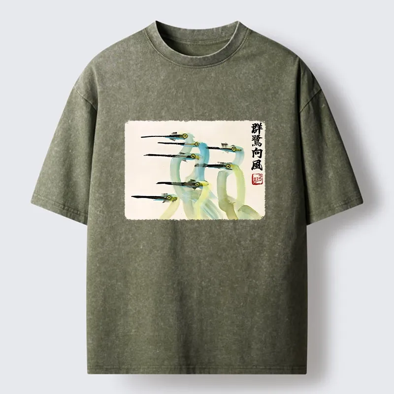 Tokyo‑Tiger Herons Wind Dance Washed T‑Shirt