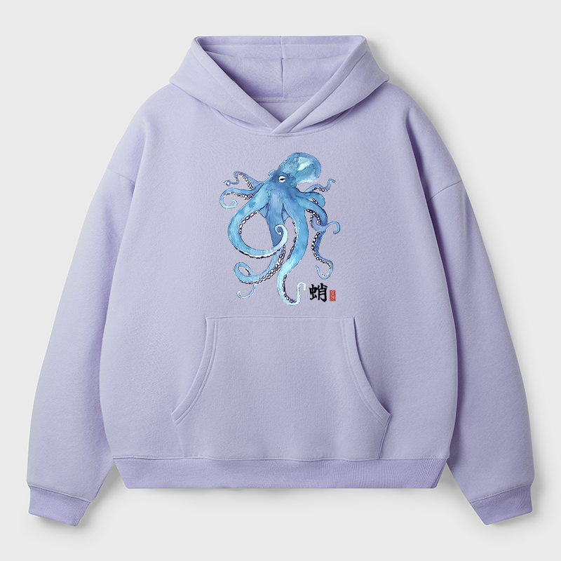 Tokyo-Tiger Watercolor Blue Octopus Adult Fleece Hoodie