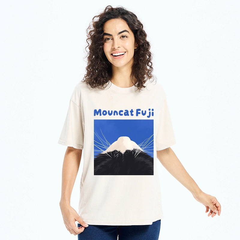 Tokyo-Tiger Cute Cat Fuji Mountain Art Washed T-Shirt