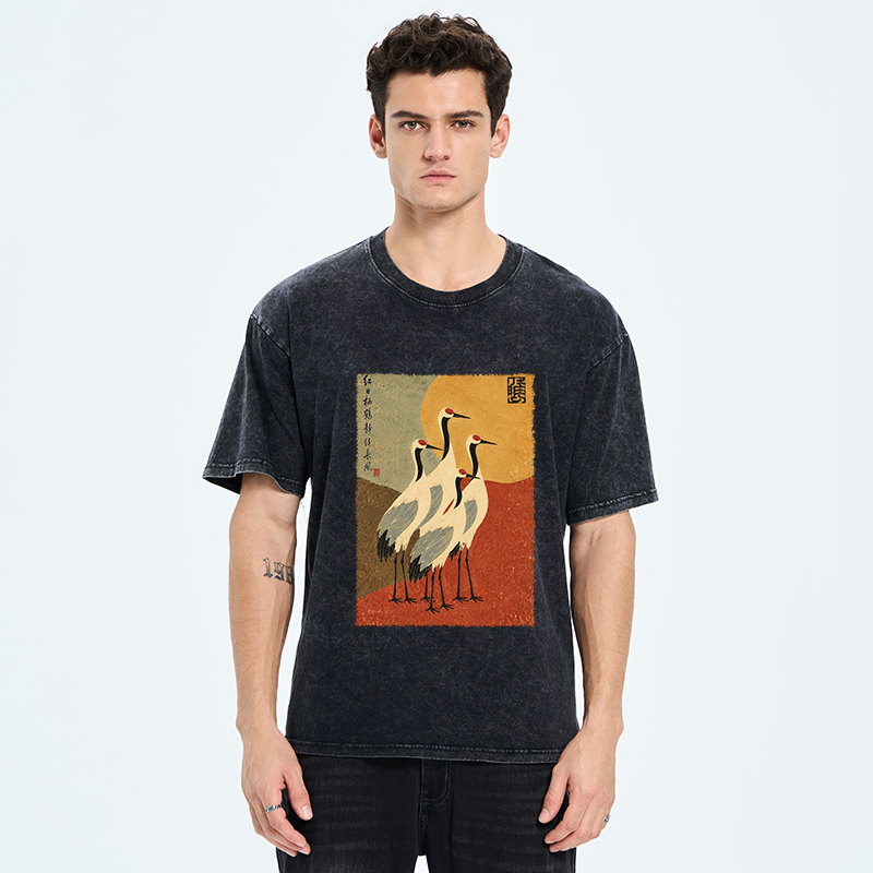 Tokyo-Tiger Oriental Crane Group Painting Washed T-Shirt