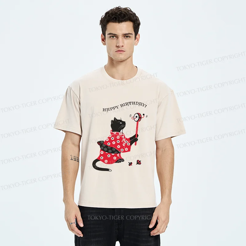 Tokyo-Tiger Birthday Cat Washed T-Shirt
