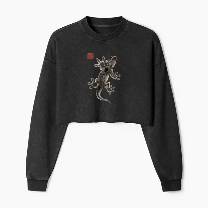 Tokyo-Tiger Minimal Asian Ink Brush Gecko Vibe Washed Crop Sweatshirt