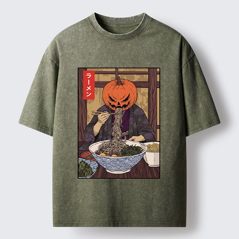 Tokyo‑Tiger Pumpkin Ramen Meme Washed T‑Shirt