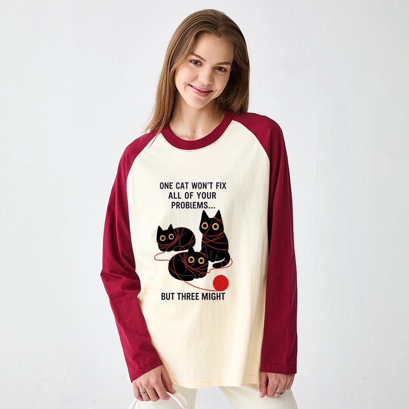 Tokyo-Tiger Three Cats Fix All Problems Raglan Long Sleeve T-shirt