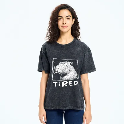 Tokyo-Tiger Tired Life Funny Capybara Art Washed T-Shirt