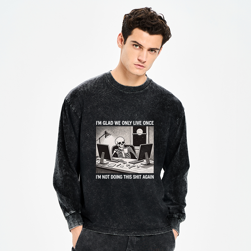 Tokyo-Tiger Funny Skeleton Coffee Break Meme Washed Long Sleeve T-Shirt