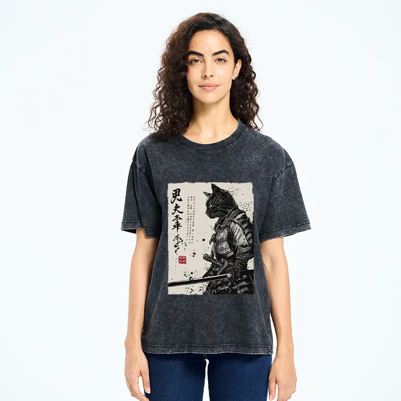 Tokyo-Tiger Japanese Samurai Cat Washed T-Shirt