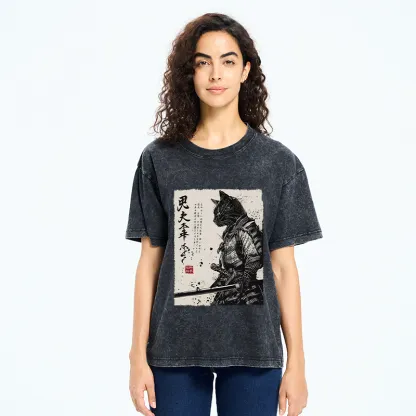 Tokyo-Tiger Japanese Samurai Cat Washed T-Shirt