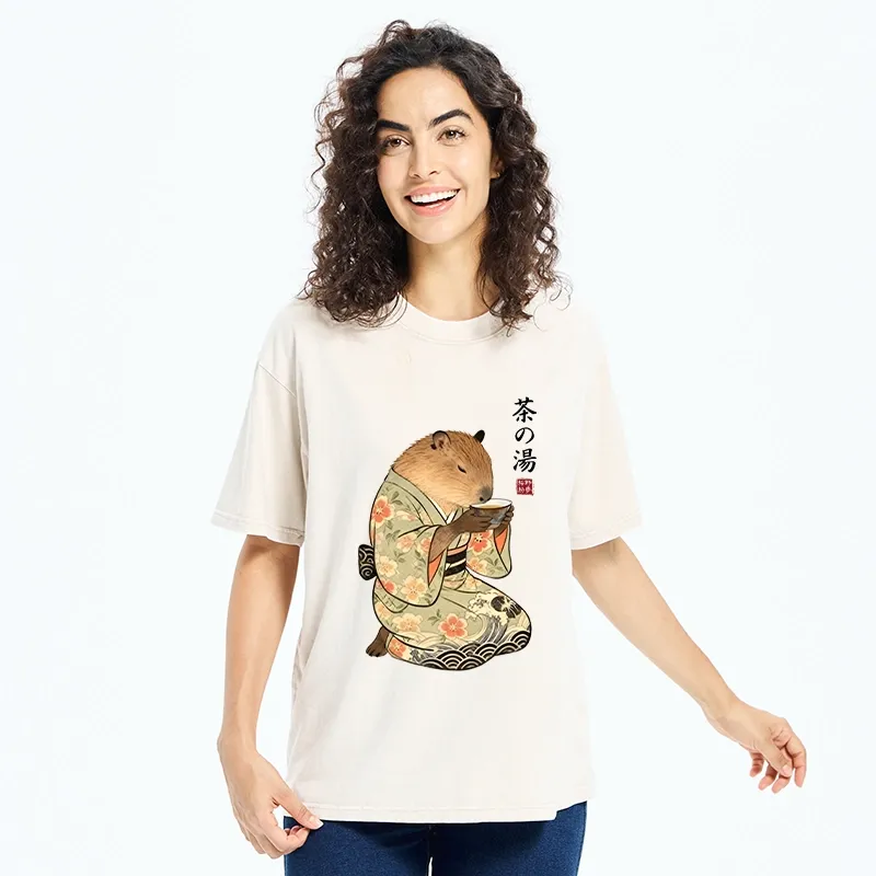 Tokyo-Tiger Capybara Drinking Tea In Kimono Washed T-Shirt