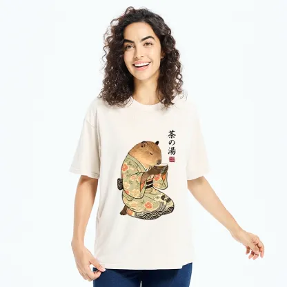 Tokyo-Tiger Capybara Drinking Tea In Kimono Washed T-Shirt