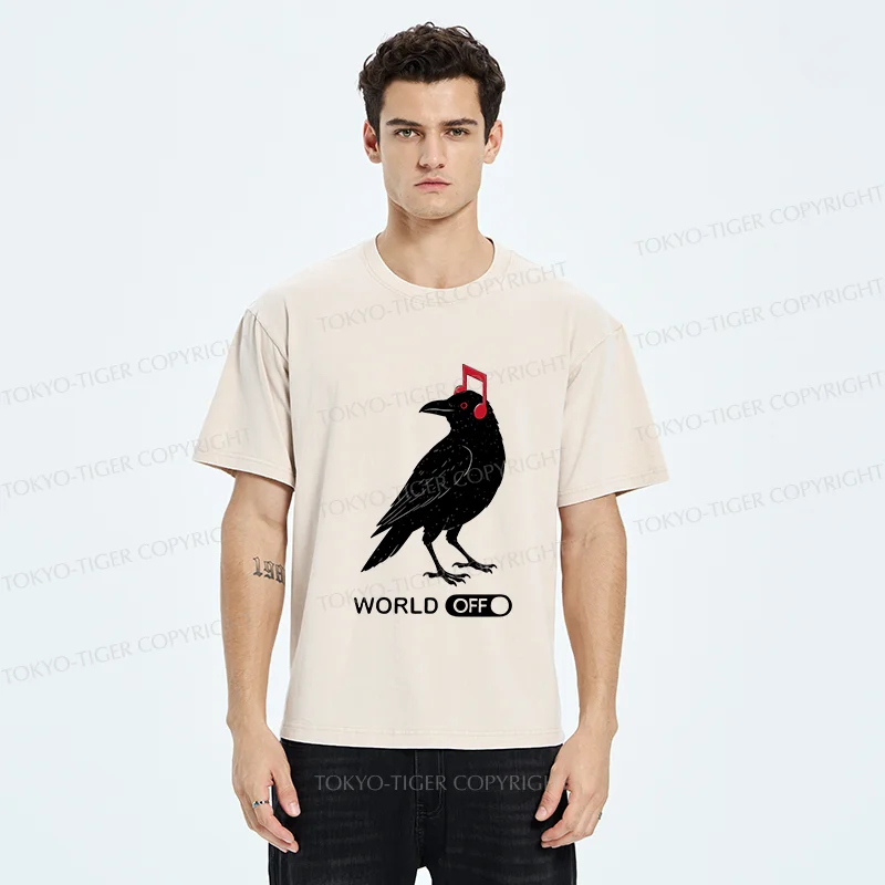 Tokyo-Tiger Crow Listening To Music Washed T-Shirt