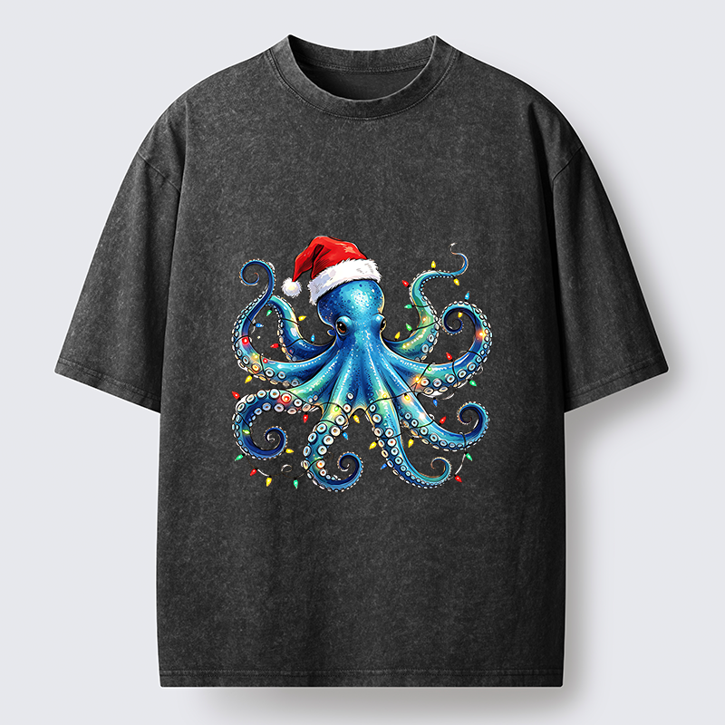 Tokyo‑Tiger Christmas Octopus Lights Washed T‑Shirt