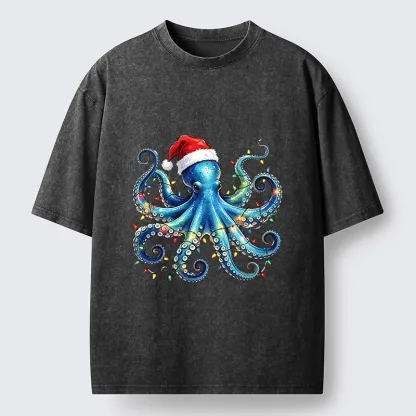 Tokyo‑Tiger Christmas Octopus Lights Washed T‑Shirt