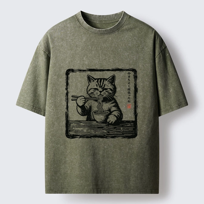 Tokyo‑Tiger Ramen Eating Cat Washed T‑Shirt