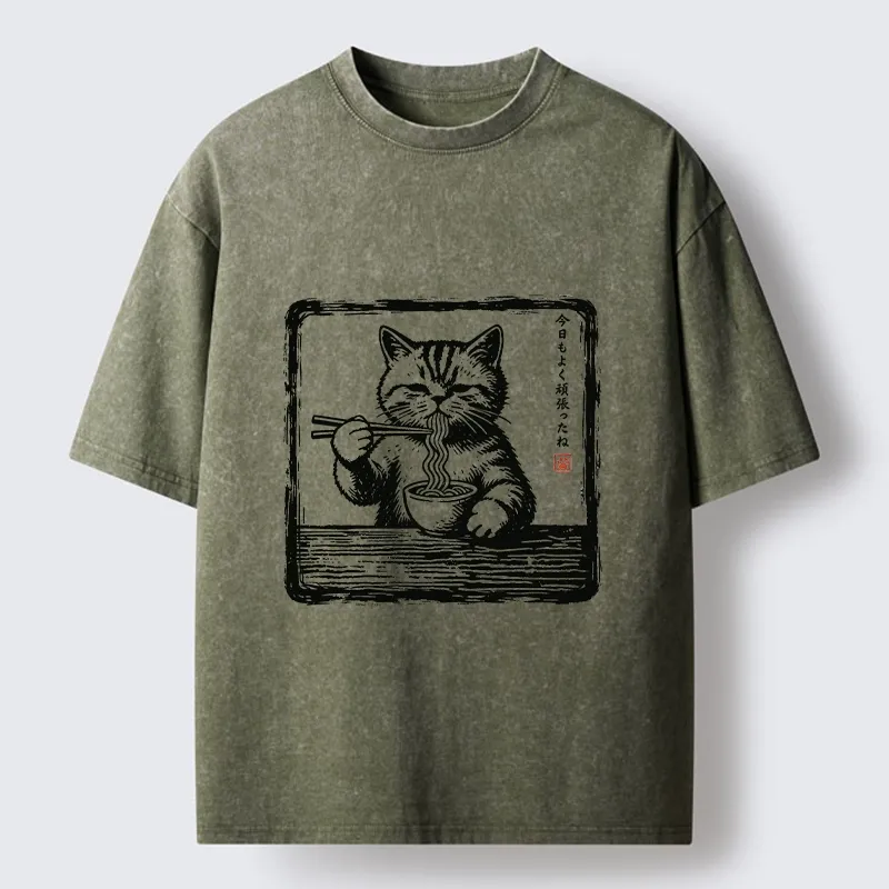 Tokyo‑Tiger Ramen Eating Cat Washed T‑Shirt
