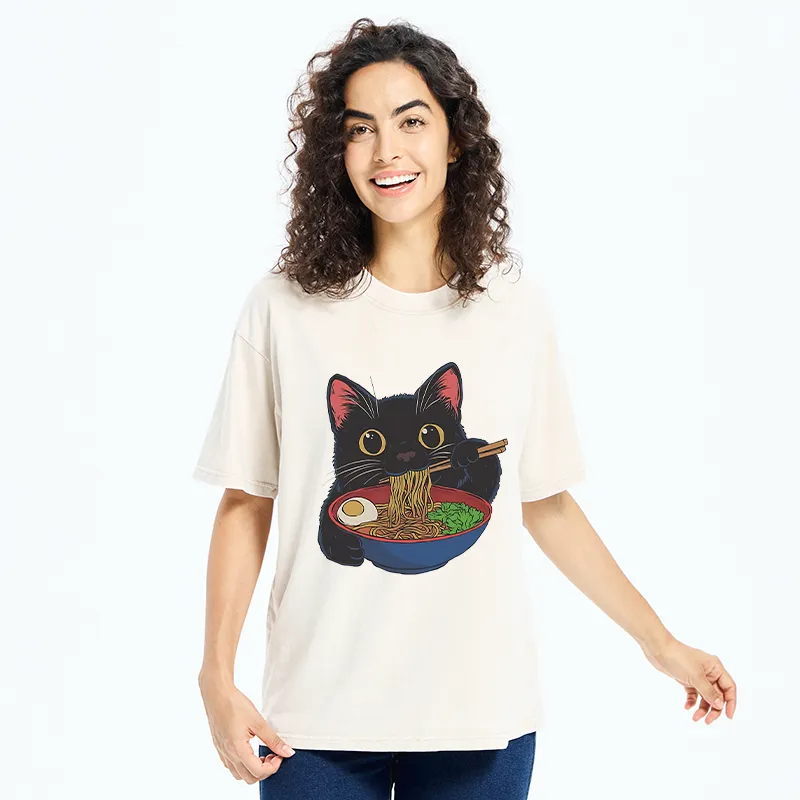Tokyo-Tiger Black Cat Ate Japan Ramen Washed T-Shirt