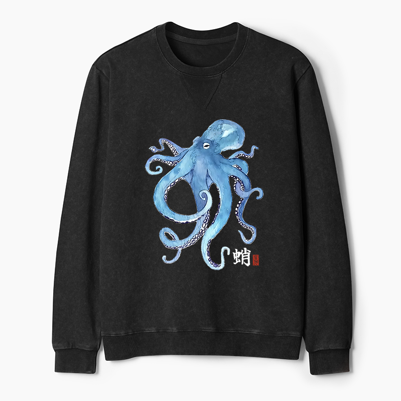 Tokyo-Tiger Watercolor Blue Octopus Washed Terry Sweatshirt