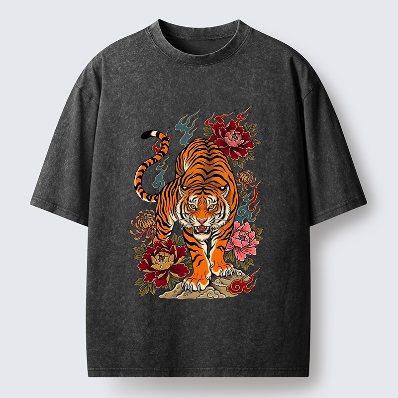 Tokyo-Tiger Floral Tiger Art Washed T-Shirt