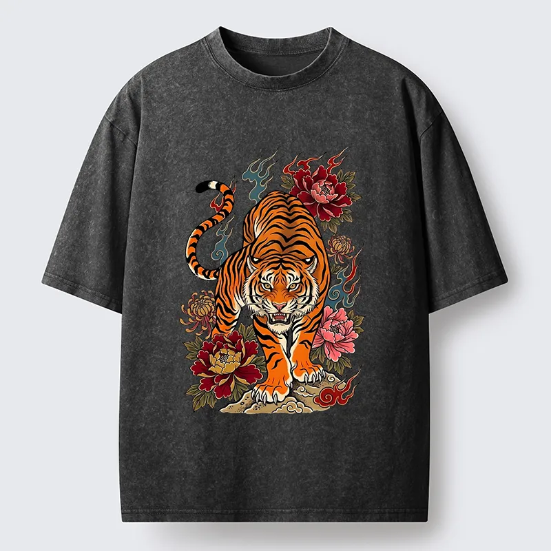 Tokyo-Tiger Floral Tiger Art Washed T-Shirt
