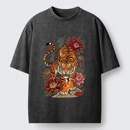 Tokyo-Tiger Floral Tiger Art Washed T-Shirt