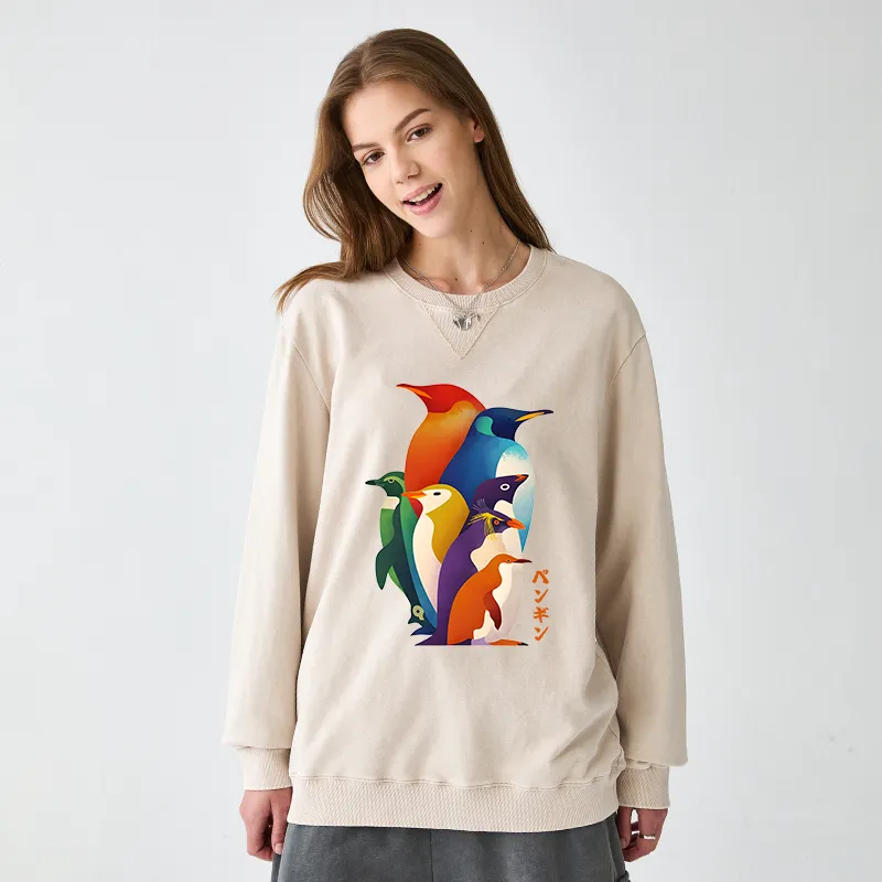 Tokyo-Tiger Cute Multi Tone Penguins Washed Terry Sweatshirt