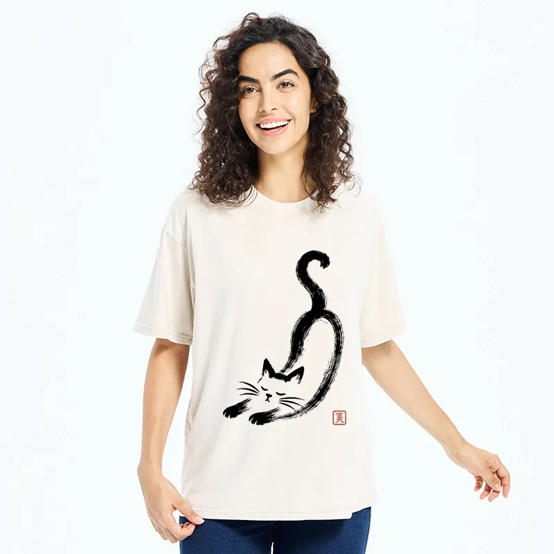 Tokyo-Tiger Soft Ink Stretch Cat Oriental Brush Art Washed T-Shirt