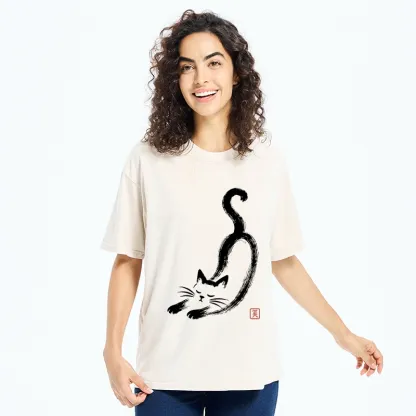 Tokyo-Tiger Soft Ink Stretch Cat Oriental Brush Art Washed T-Shirt