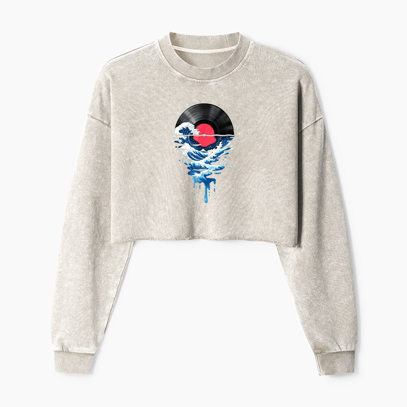 Tokyo-Tiger Vinyl Records And Waves Washed Crop Sweatshirt