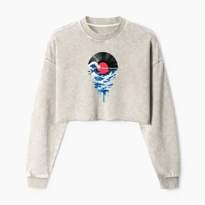 Tokyo-Tiger Vinyl Records And Waves Washed Crop Sweatshirt