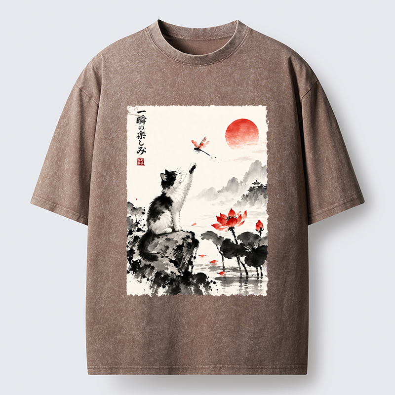 Tokyo-Tiger Cat Chases Dragonfly Washed T-Shirt