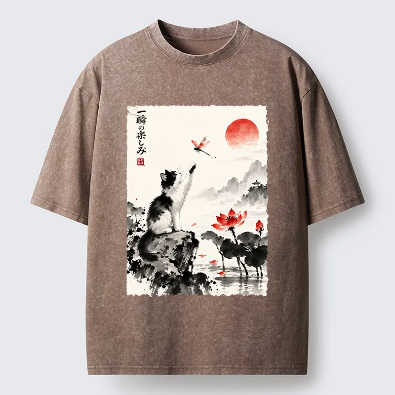 Tokyo-Tiger Cat Chases Dragonfly Washed T-Shirt