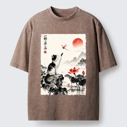 Tokyo-Tiger Cat Chases Dragonfly Washed T-Shirt