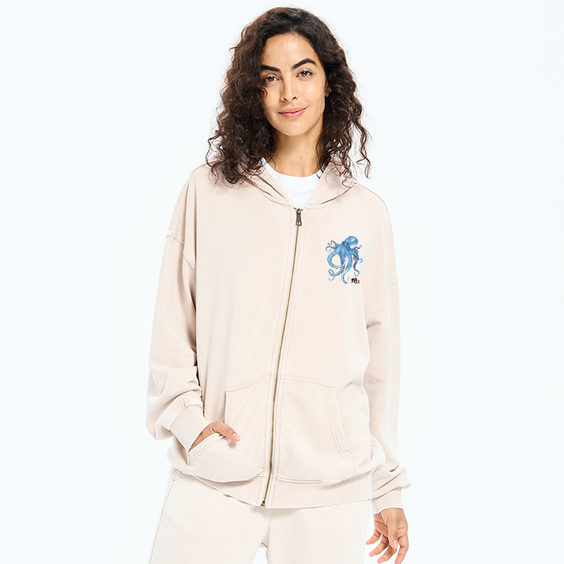 Tokyo-Tiger Watercolor Blue Octopus Washed Zip Hoodie