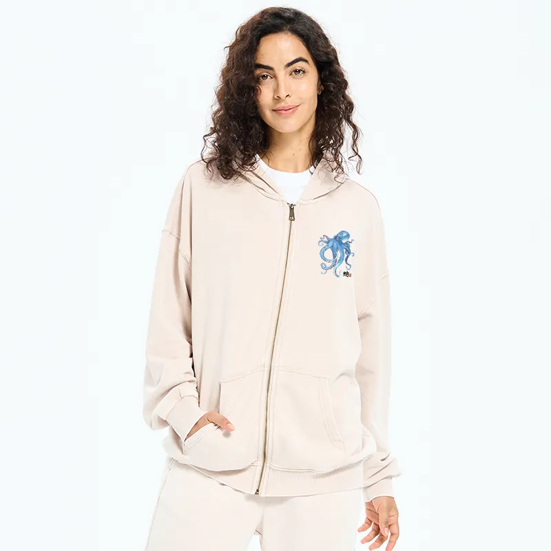 Tokyo-Tiger Watercolor Blue Octopus Washed Zip Hoodie