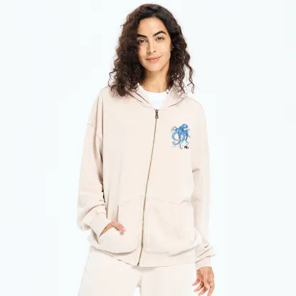 Tokyo-Tiger Watercolor Blue Octopus Washed Zip Hoodie