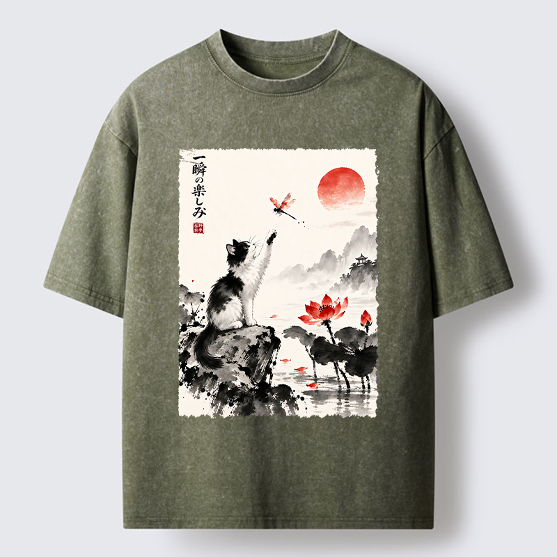 Tokyo-Tiger Cat Chases Dragonfly Washed T-Shirt