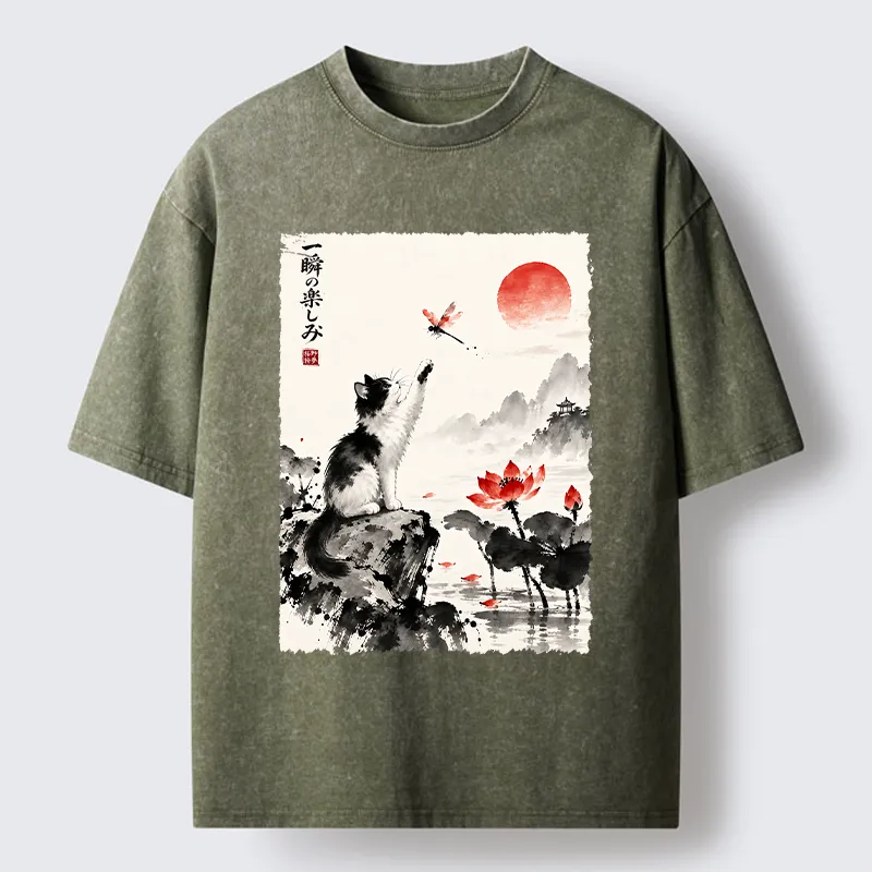 Tokyo-Tiger Cat Chases Dragonfly Washed T-Shirt