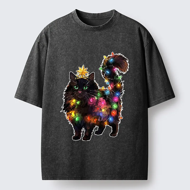 Tokyo-Tiger Christmas Black Cat With Star Crown Washed T-Shirt