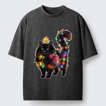 Tokyo-Tiger Christmas Black Cat With Star Crown Washed T-Shirt