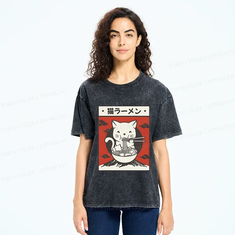 Tokyo-Tiger Retro White Cat Eating Ramen Washed T-Shirt
