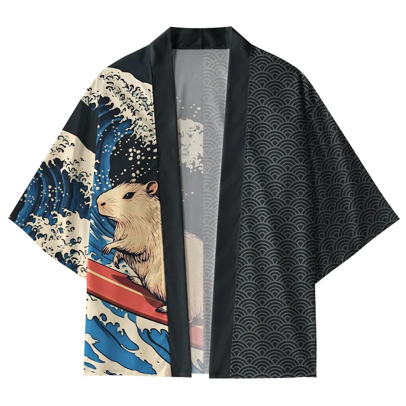 Tokyo-Tiger Capybara Surfing Kimono Cardigan