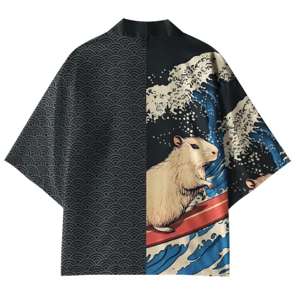 Tokyo-Tiger Capybara Surfing Kimono Cardigan