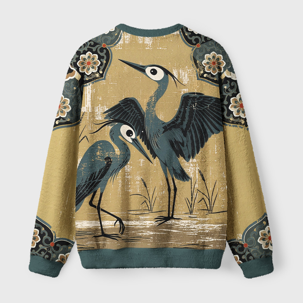 Tokyo-Tiger Vintage Heron Birds Fuzzy Christmas Ugly Sweatshirt