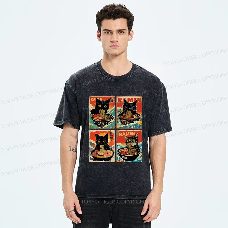 Tokyo-Tiger Four Cats Eating Ramen Washed T-Shirt